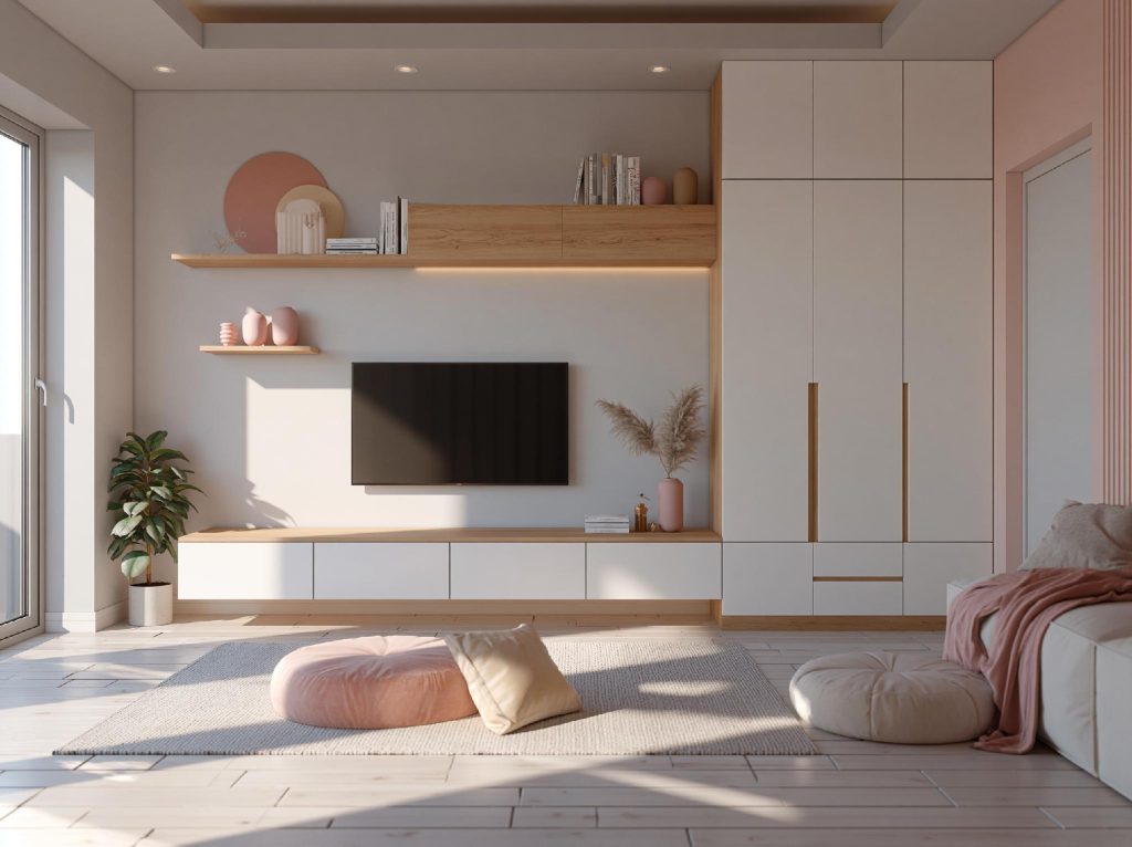 TV wardrobe design living room open shelves India