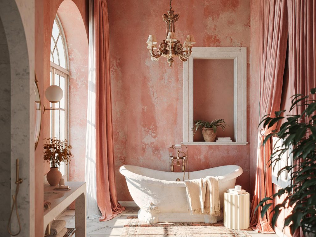 Vintage bathroom design with pink walls and chandelier