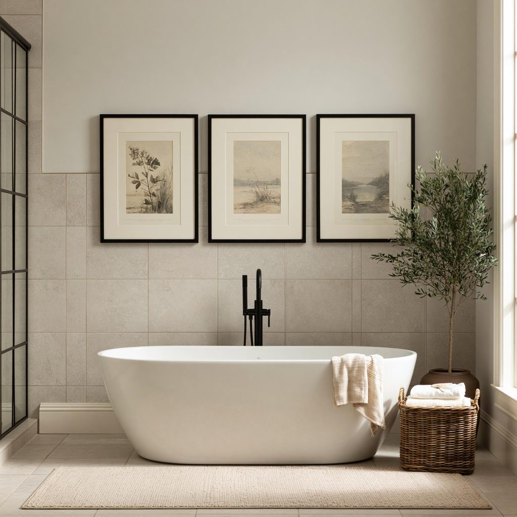 Neutral vintage bathroom design with black fixtures