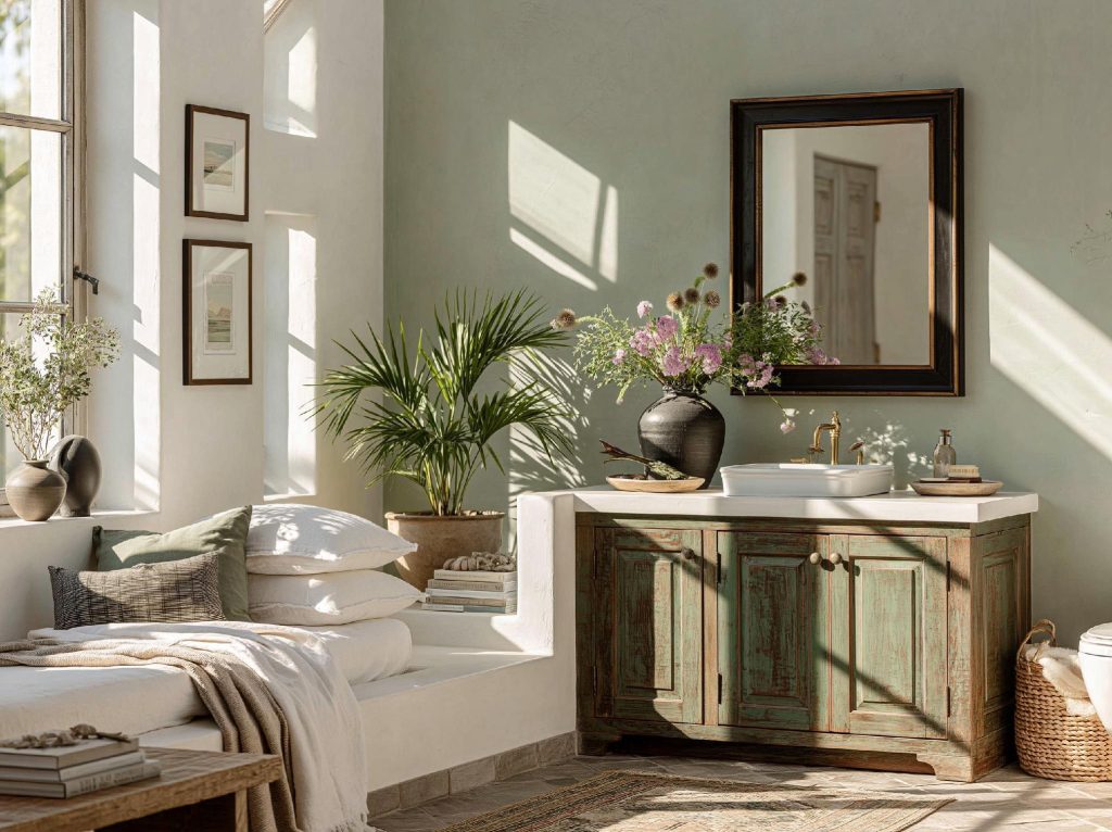Sage green vintage bathroom vanity with mirror