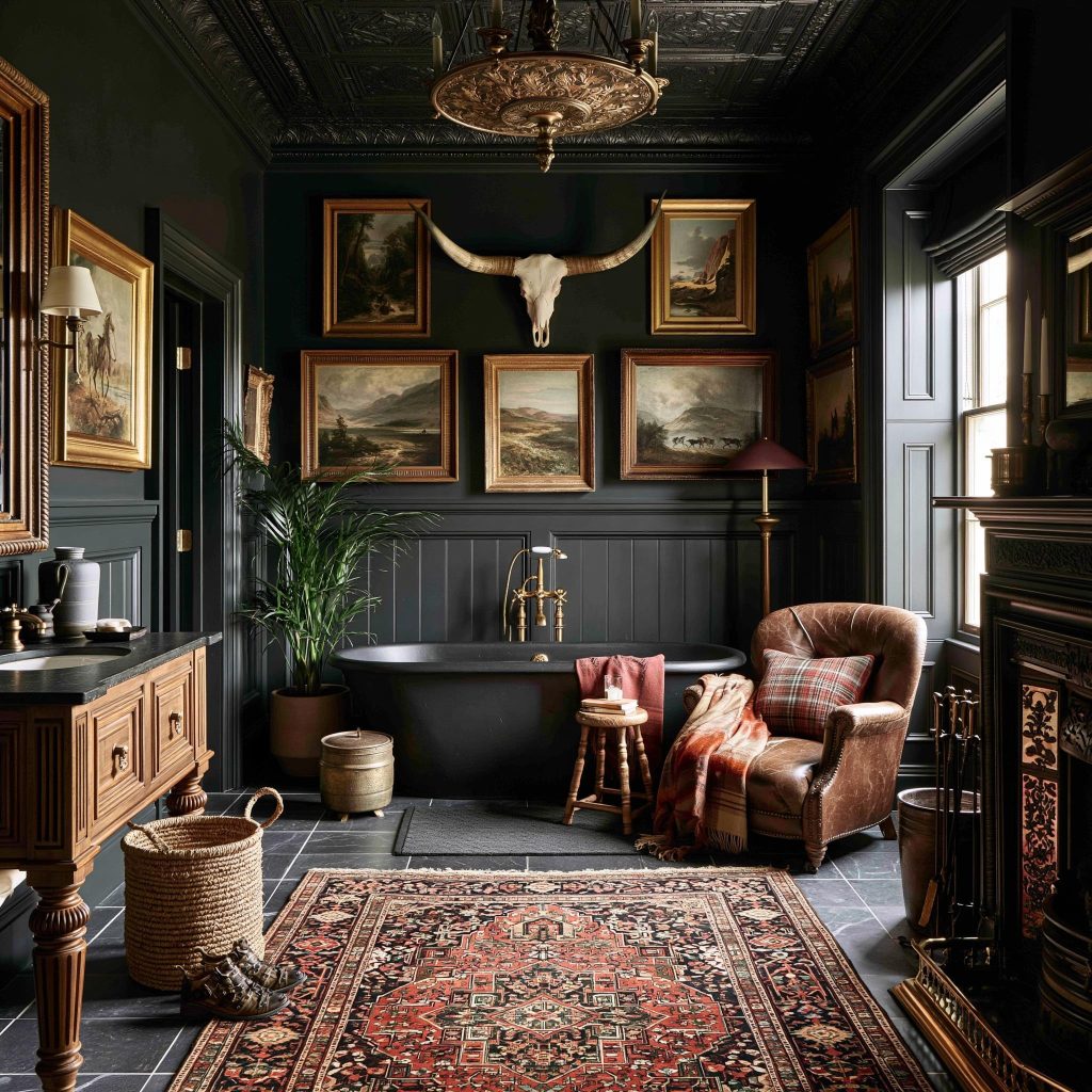 Dark eclectic vintage bathroom design with gallery wall
