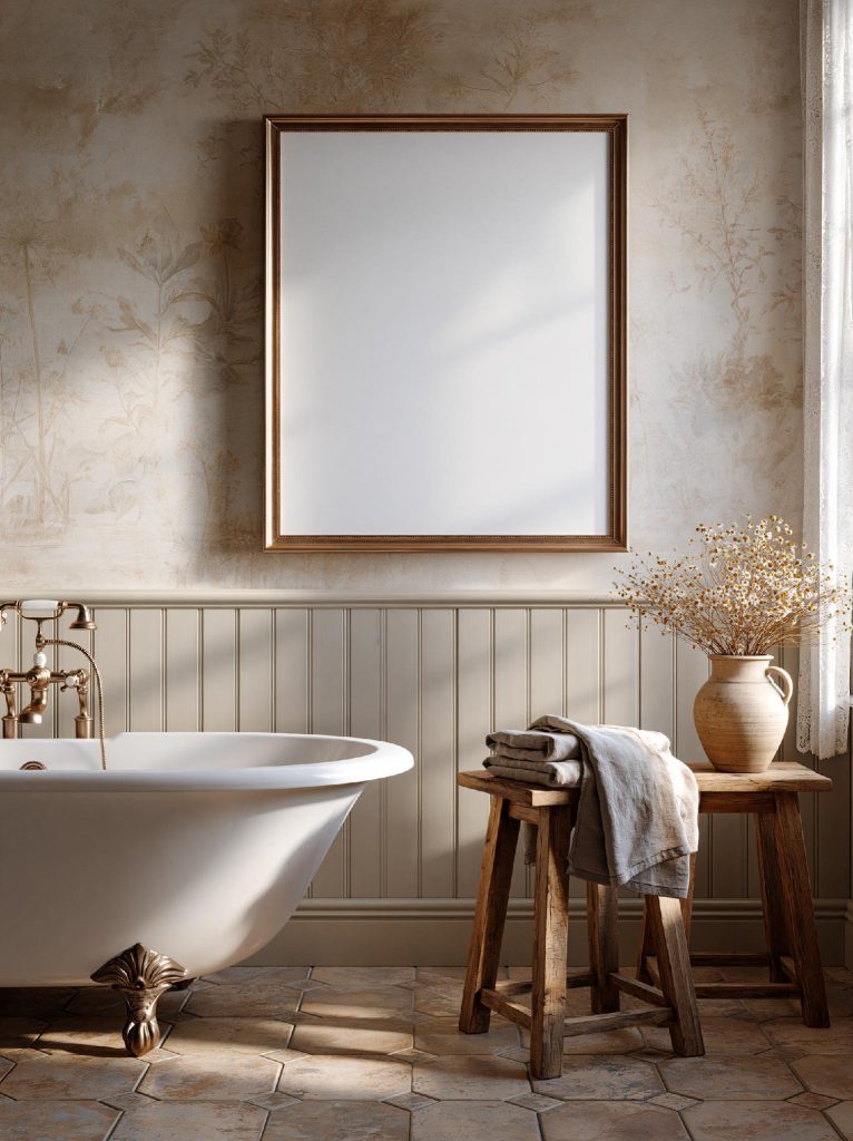 Vintage bathroom wallpaper with gold framed mirror