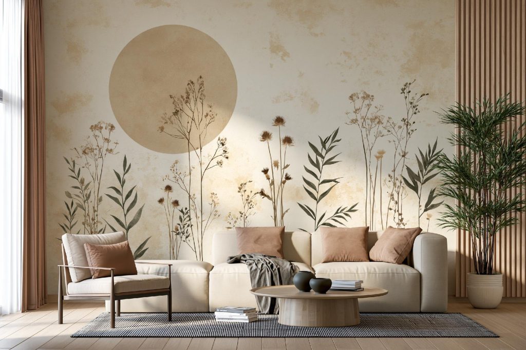 Wall art design scale botanical mural living room