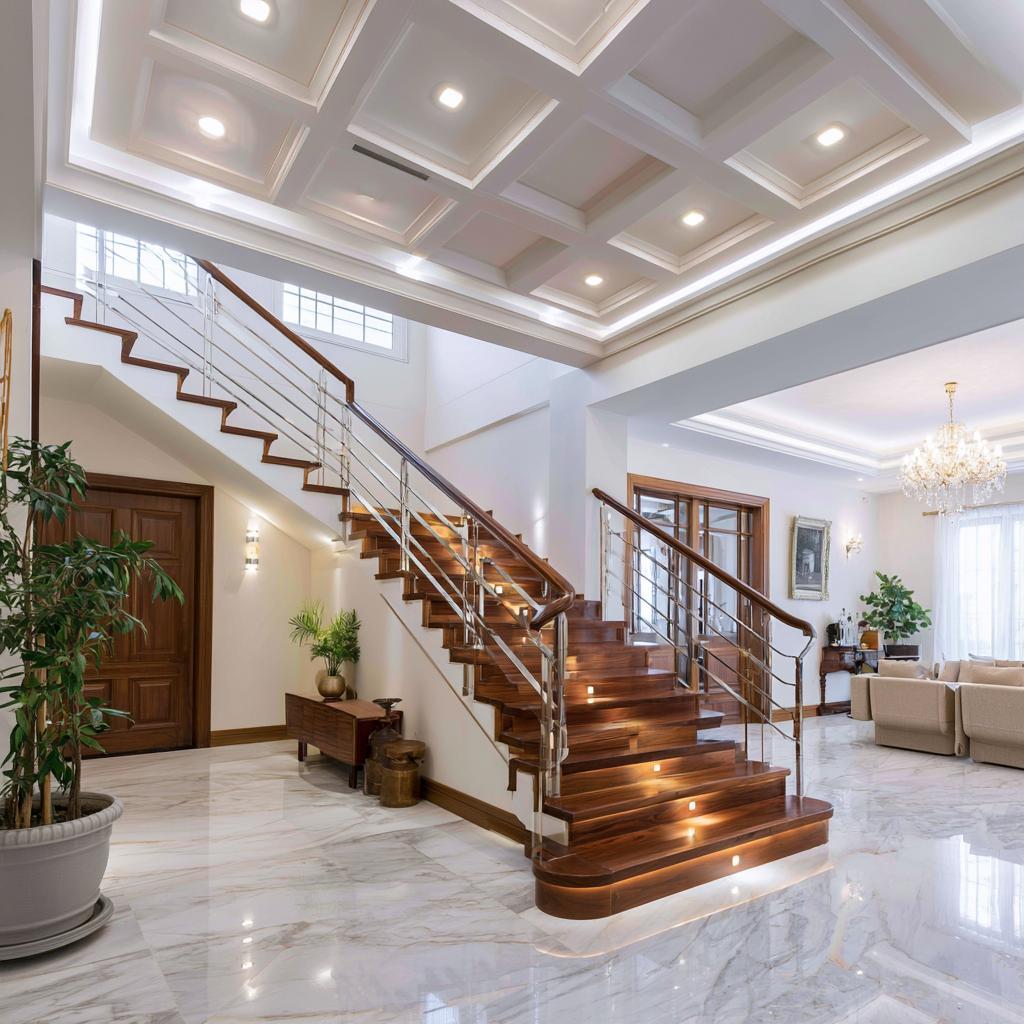 Layered staircase POP ceiling design coffered wood