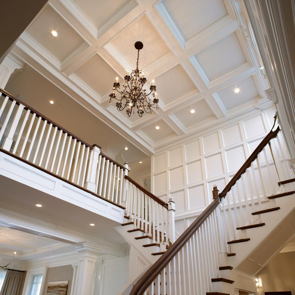 Staircase POP design checklist coffered ceiling chandelier
