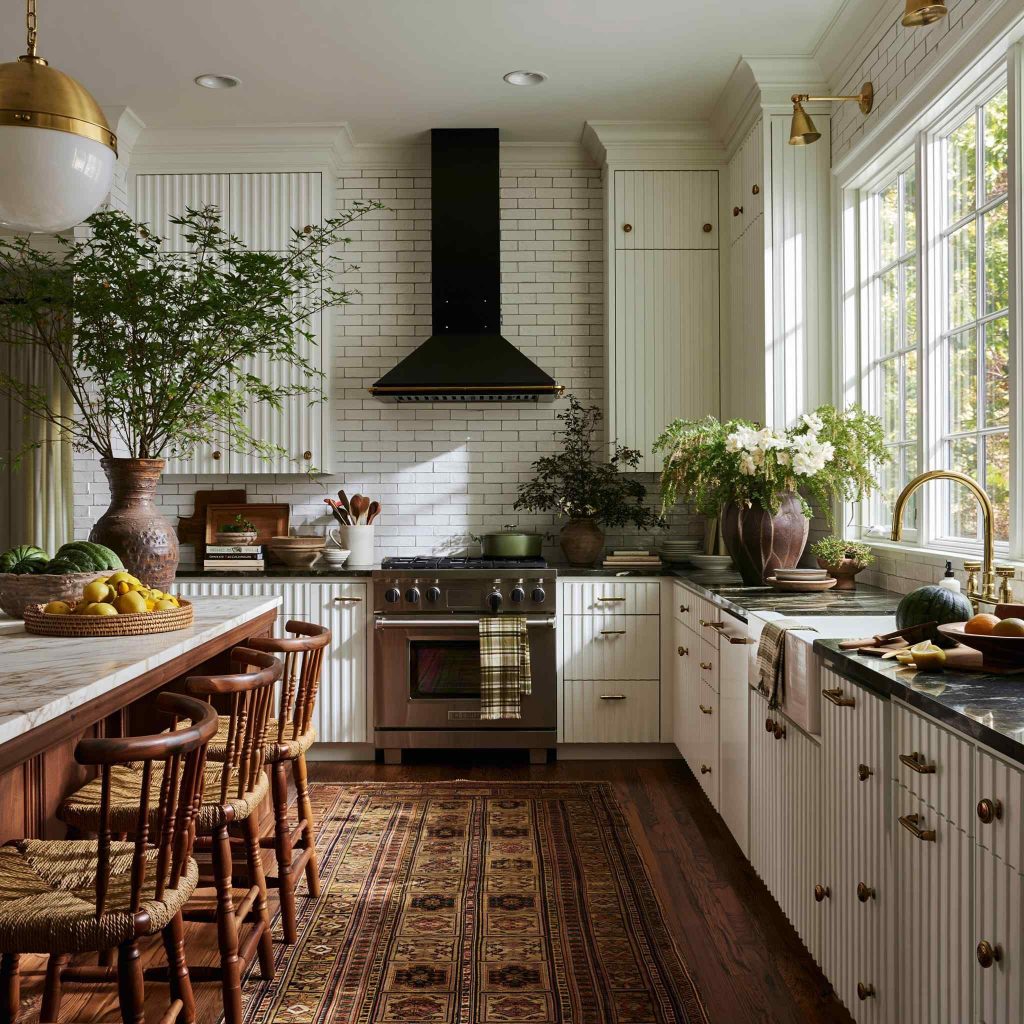 White vintage kitchen with black range hood