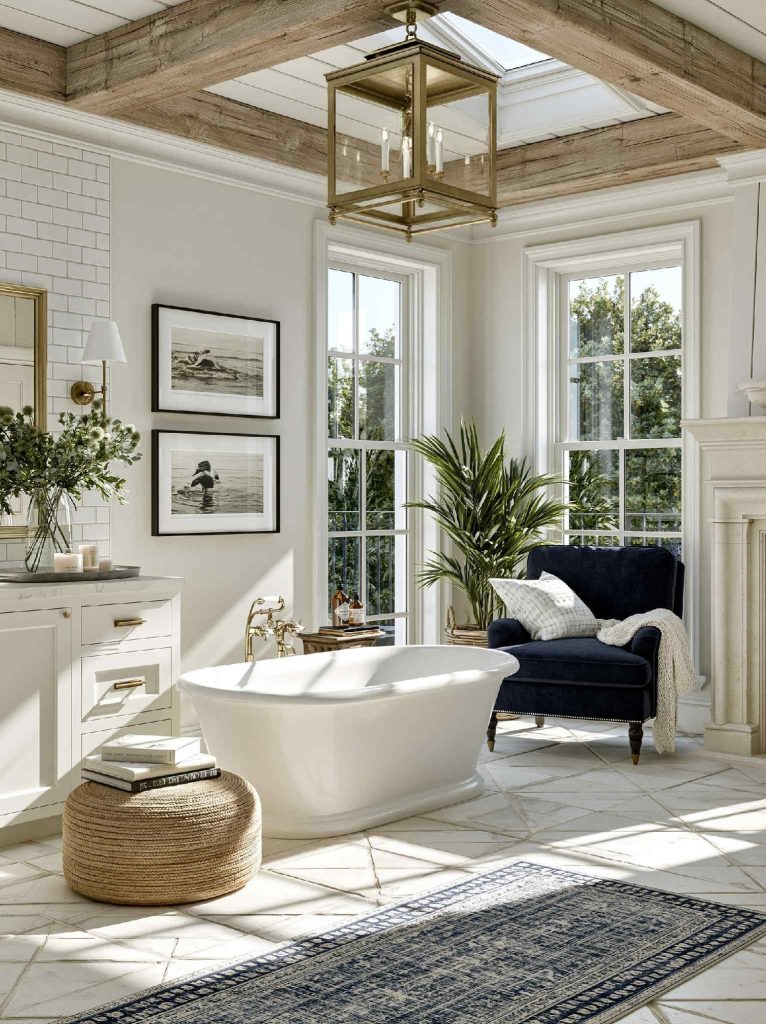 Wood beam bathroom ceiling design with chandelier