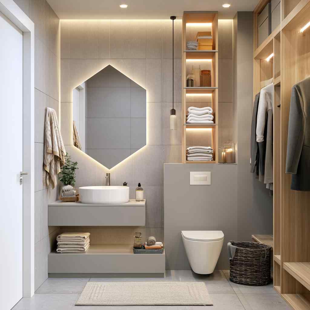 Small powder room decor hexagon mirror vanity