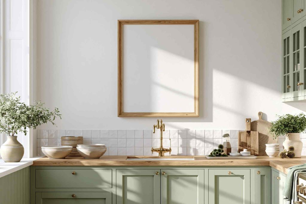 White square dado tiles above kitchen counter