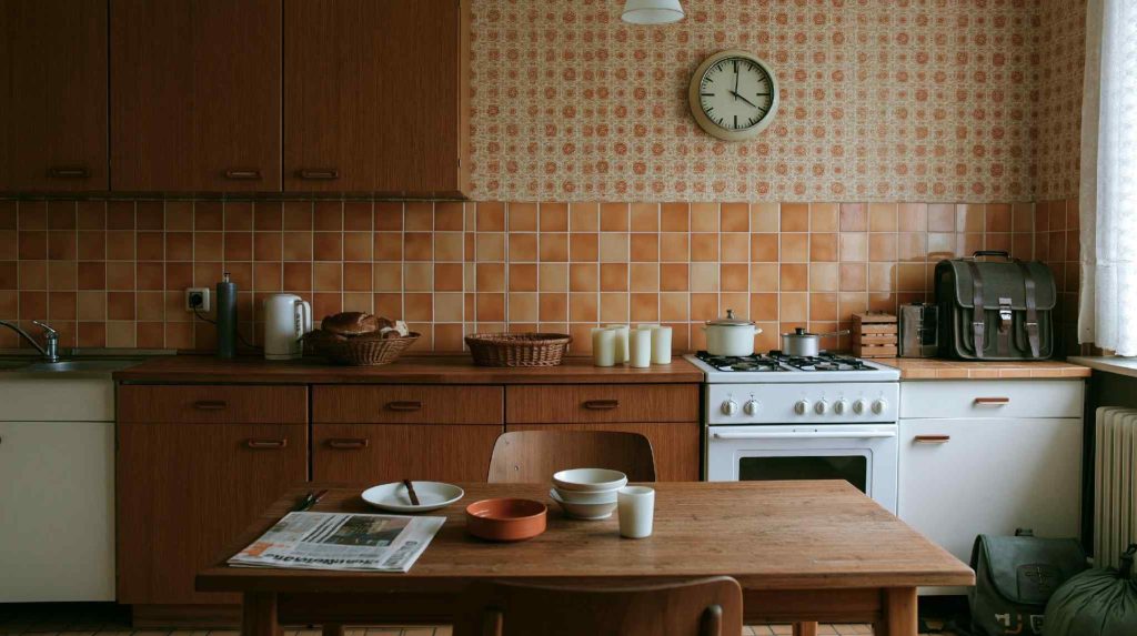 Orange small tiles on kitchen dado wall