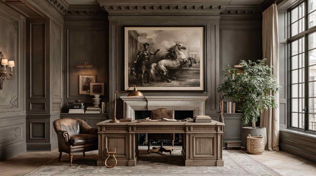 Traditional office wall decor with framed art