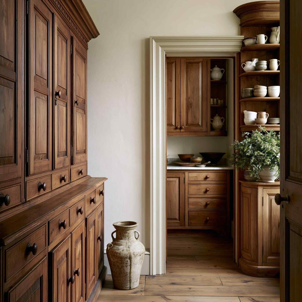 Traditional walk-in pantry with wood cabinetry