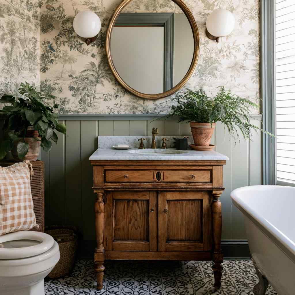  Vintage powder room decor oval mirror vanity