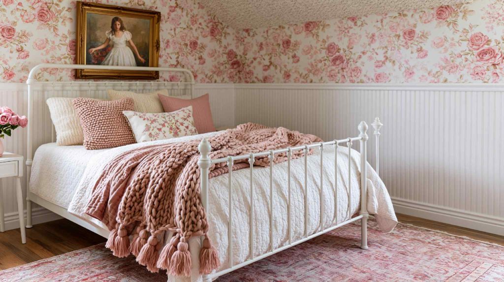 Vintage princess bedroom with floral wallpaper
