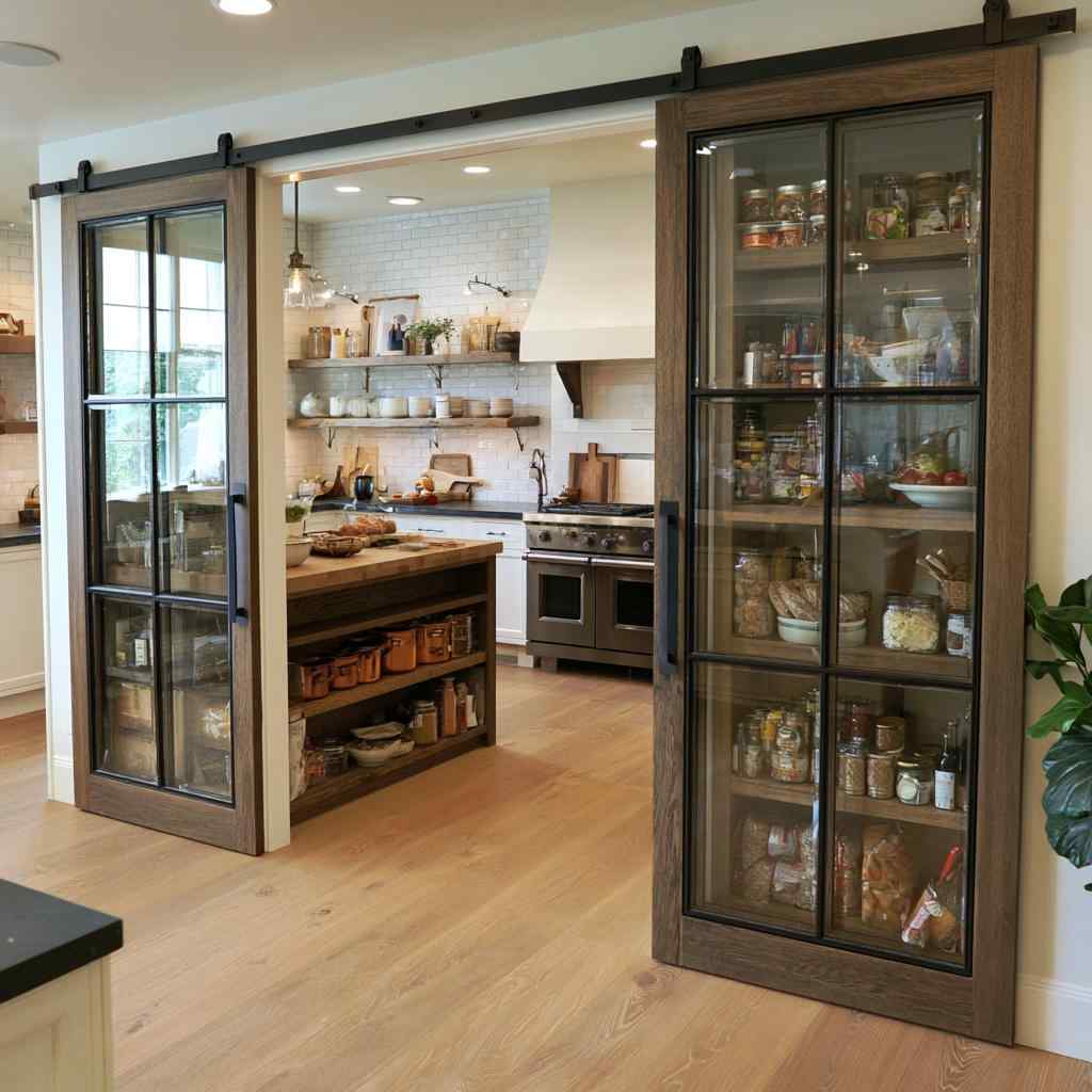 Wood-framed glass walk-in pantry door