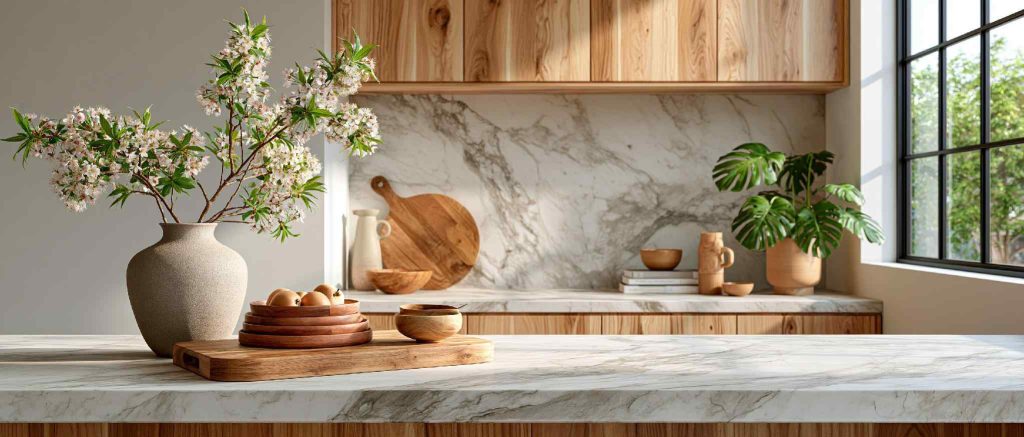 Seamless marble slab kitchen dado backsplash