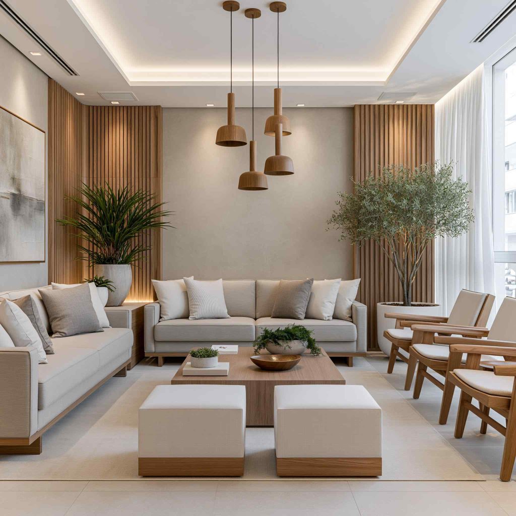 Simple POP design drawing room with wooden pendants