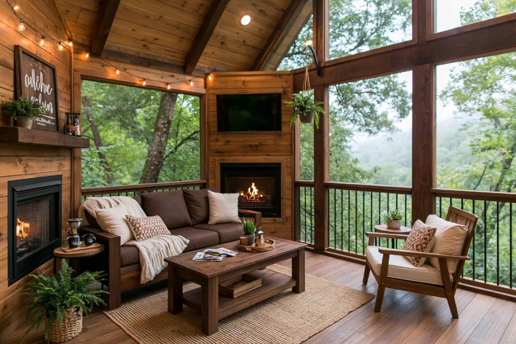  Small cabin interior design screened porch fireplace