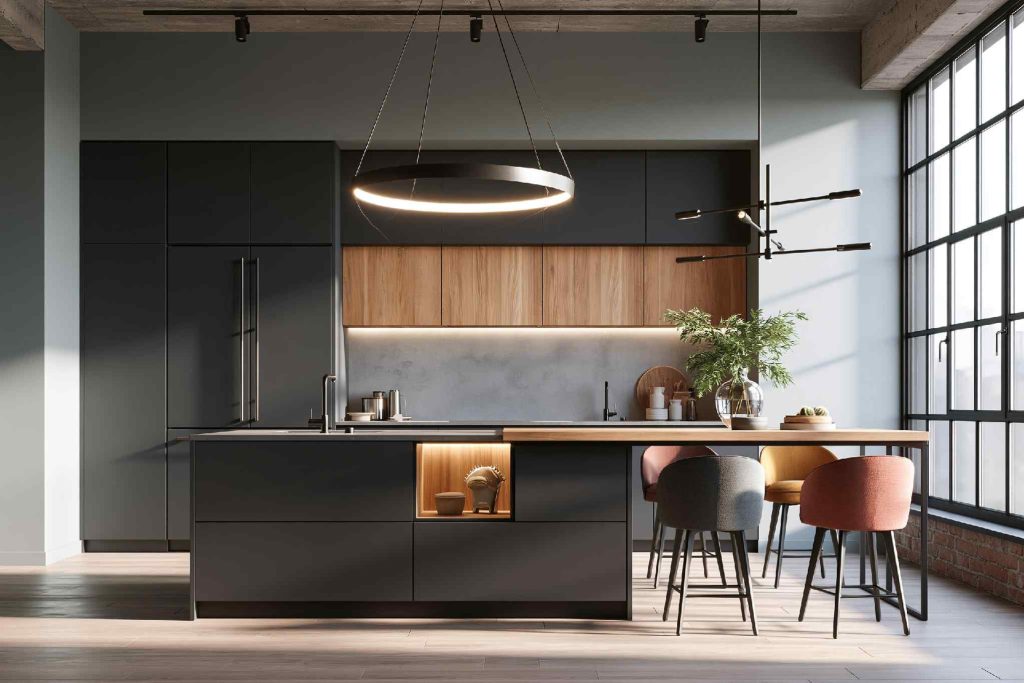 Small Japandi kitchen with charcoal wood cabinets