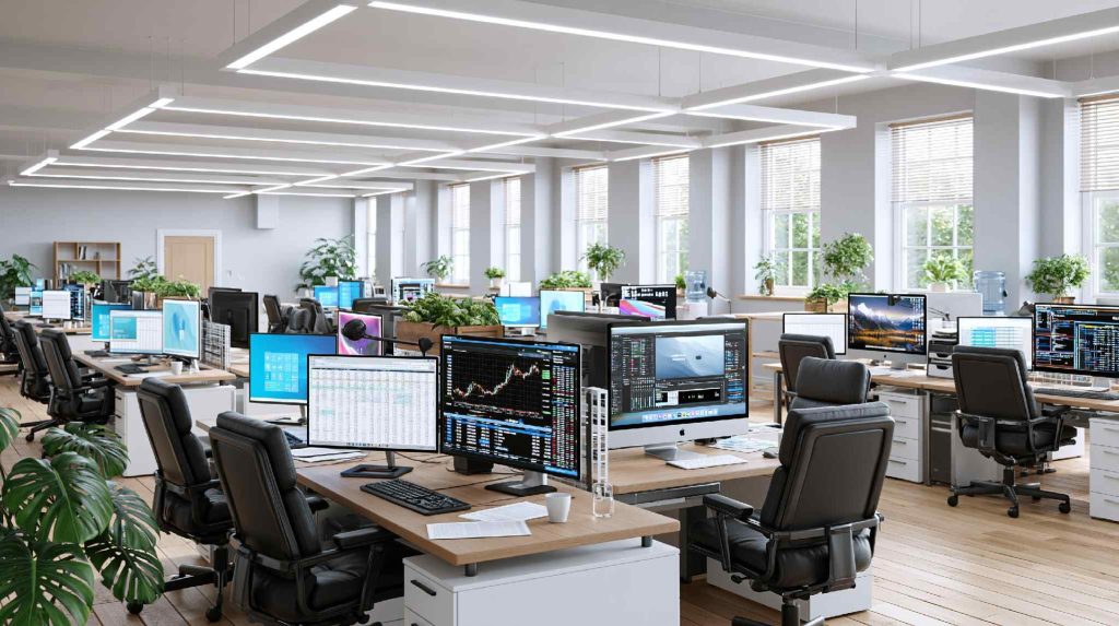 Small office interior design with layered lighting