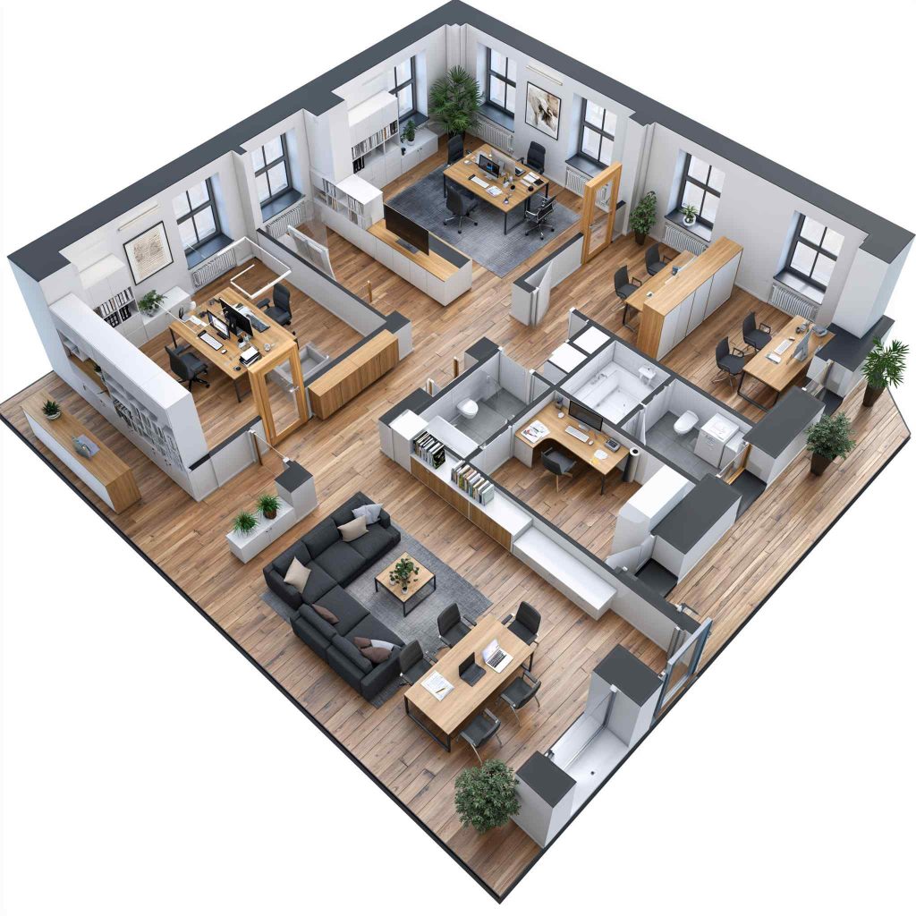 Small office interior design isometric layout plan