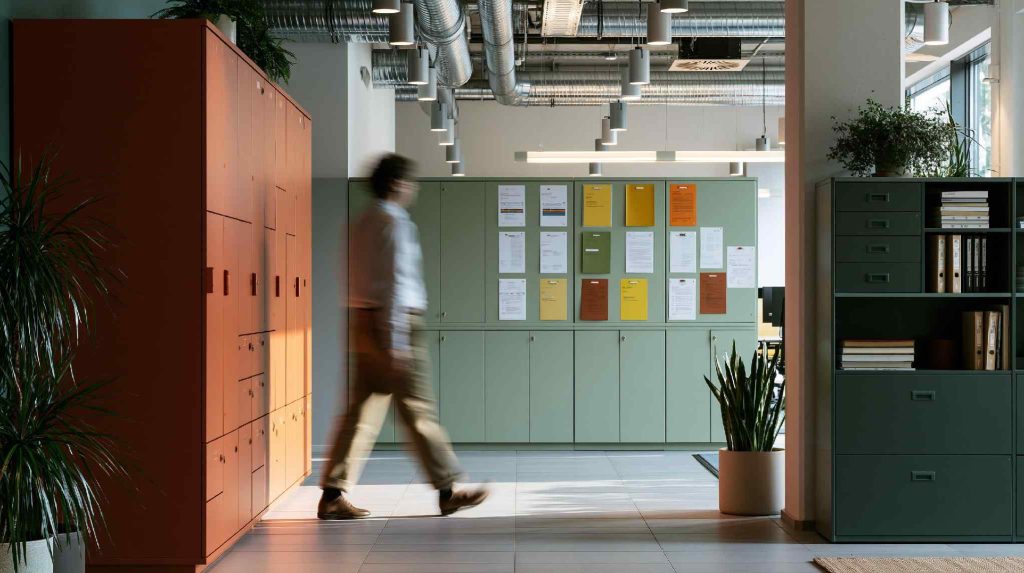 Small office interior design with storage cabinets