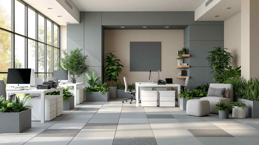 Small office room interior design with plants