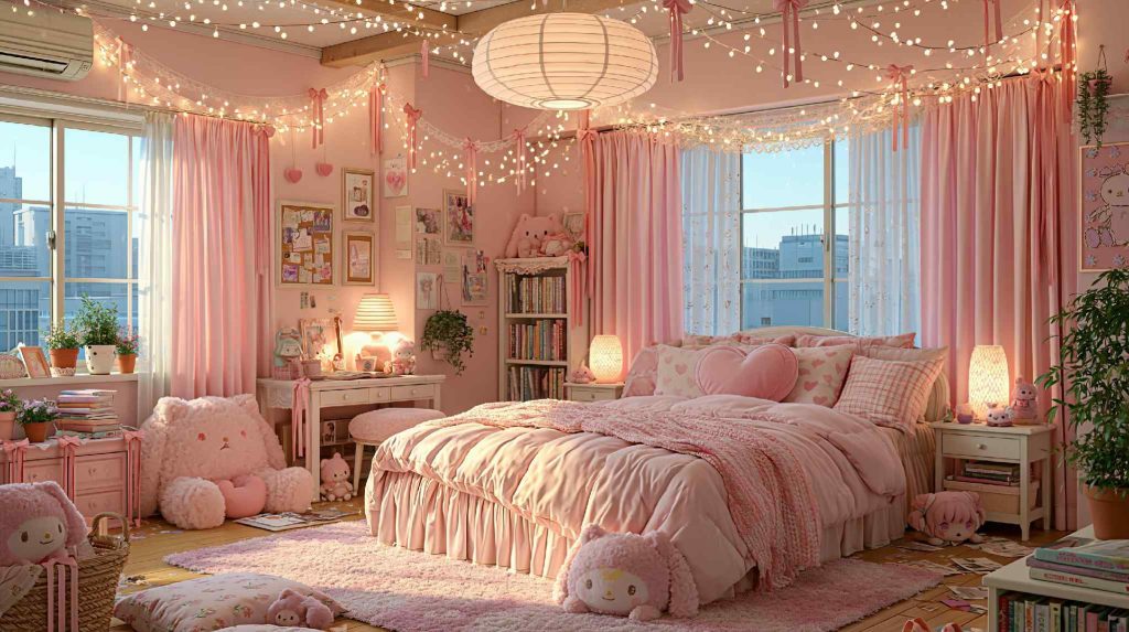 Pink princess bedroom design with fairy lights