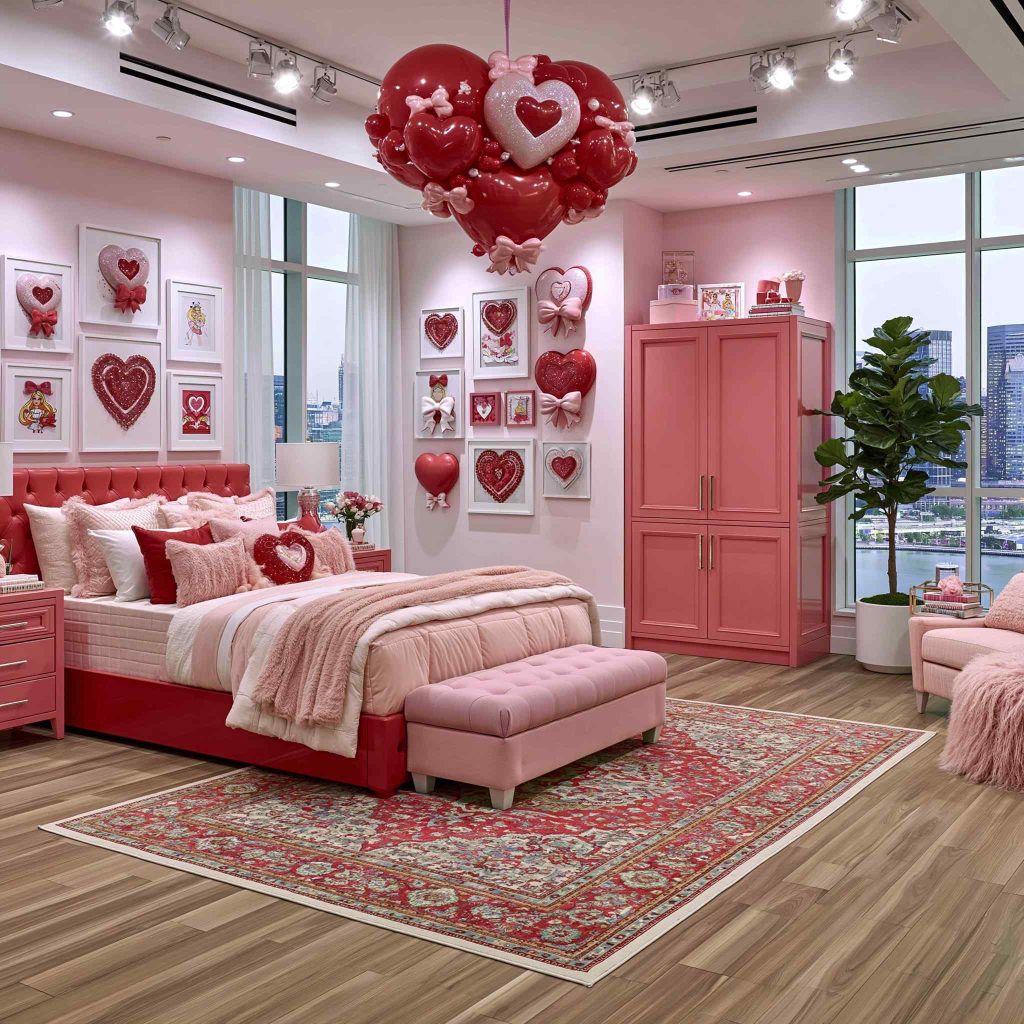 Pink princess bedroom with heart-themed decor
