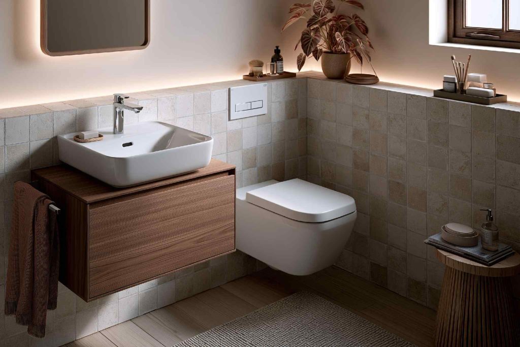 Powder room decor neutral tile wood vanity