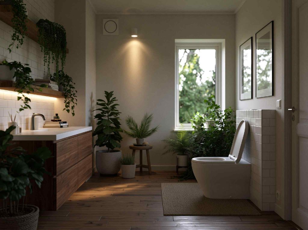 Powder room decor wood vanity with plants