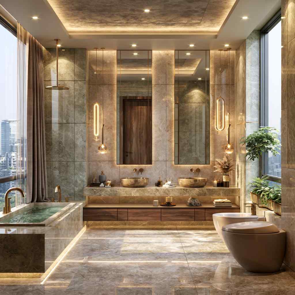 Premium bathroom false ceiling with pendant lighting