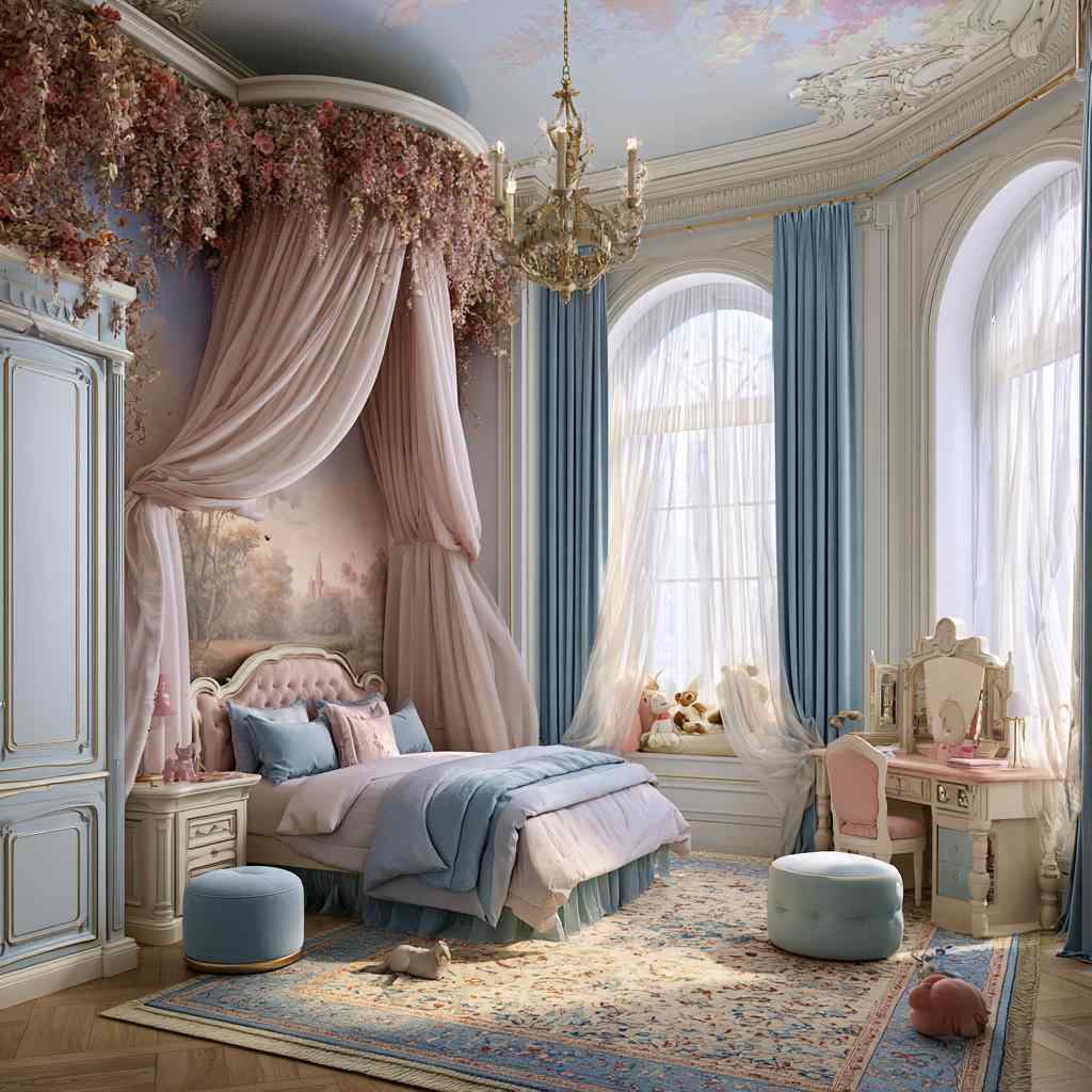  Pastel princess bedroom with floral canopy bed
