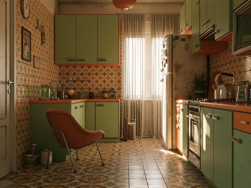 Retro vintage kitchen with patterned tile floor