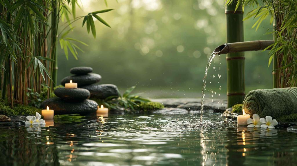 Rustic outdoor bathroom decor bamboo stone candles