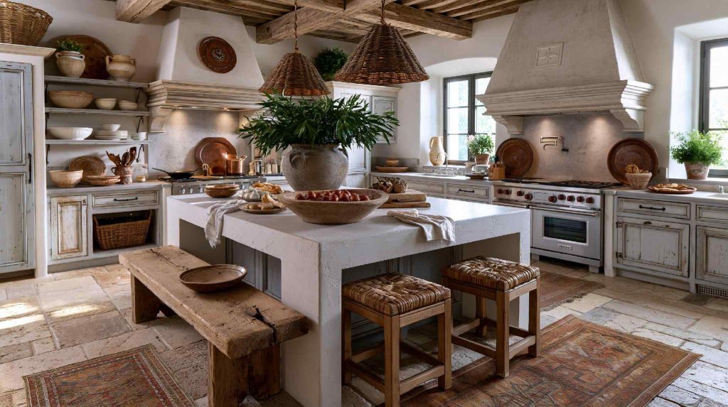 Rustic vintage kitchen with stone island
