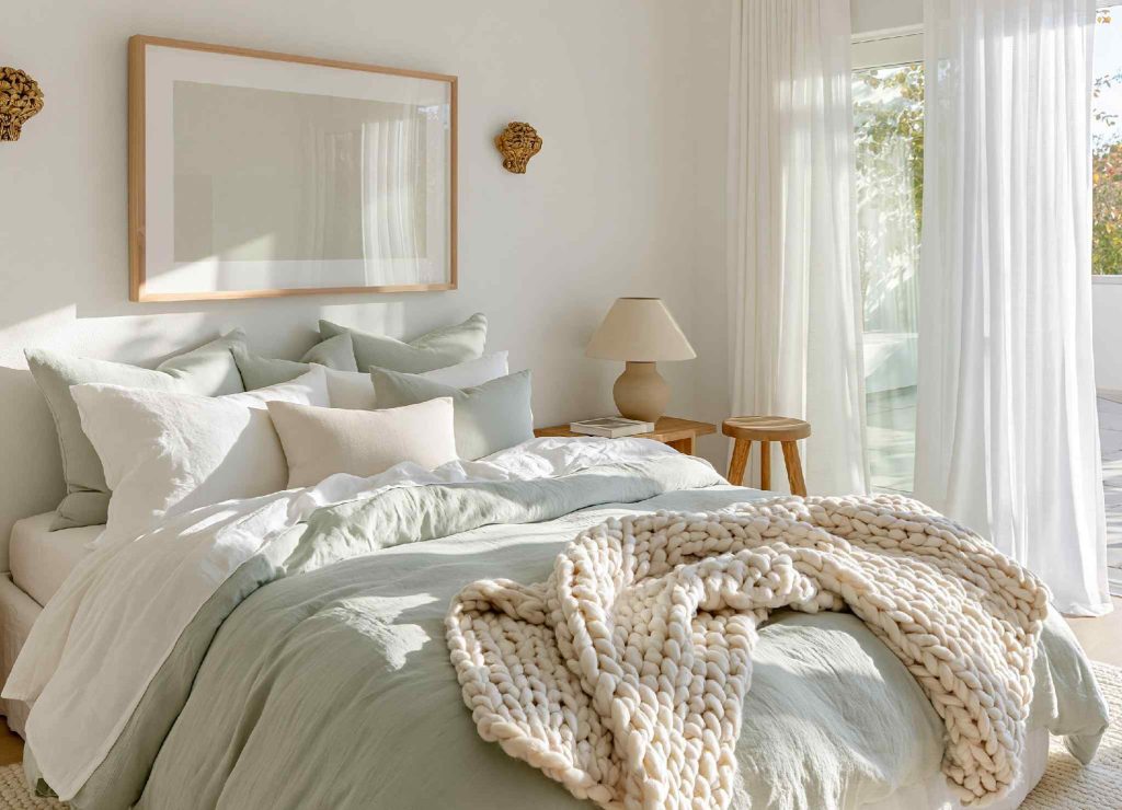  Sage green bedding with knit throw