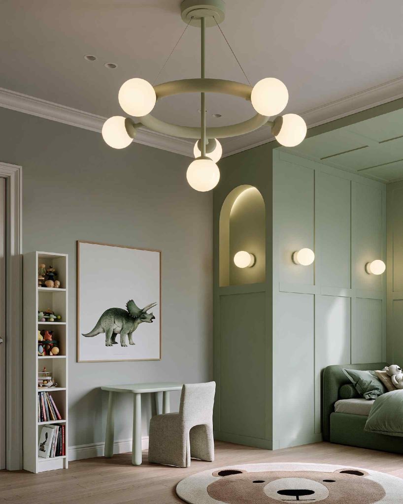 Sage green kids bedroom with wall panelling