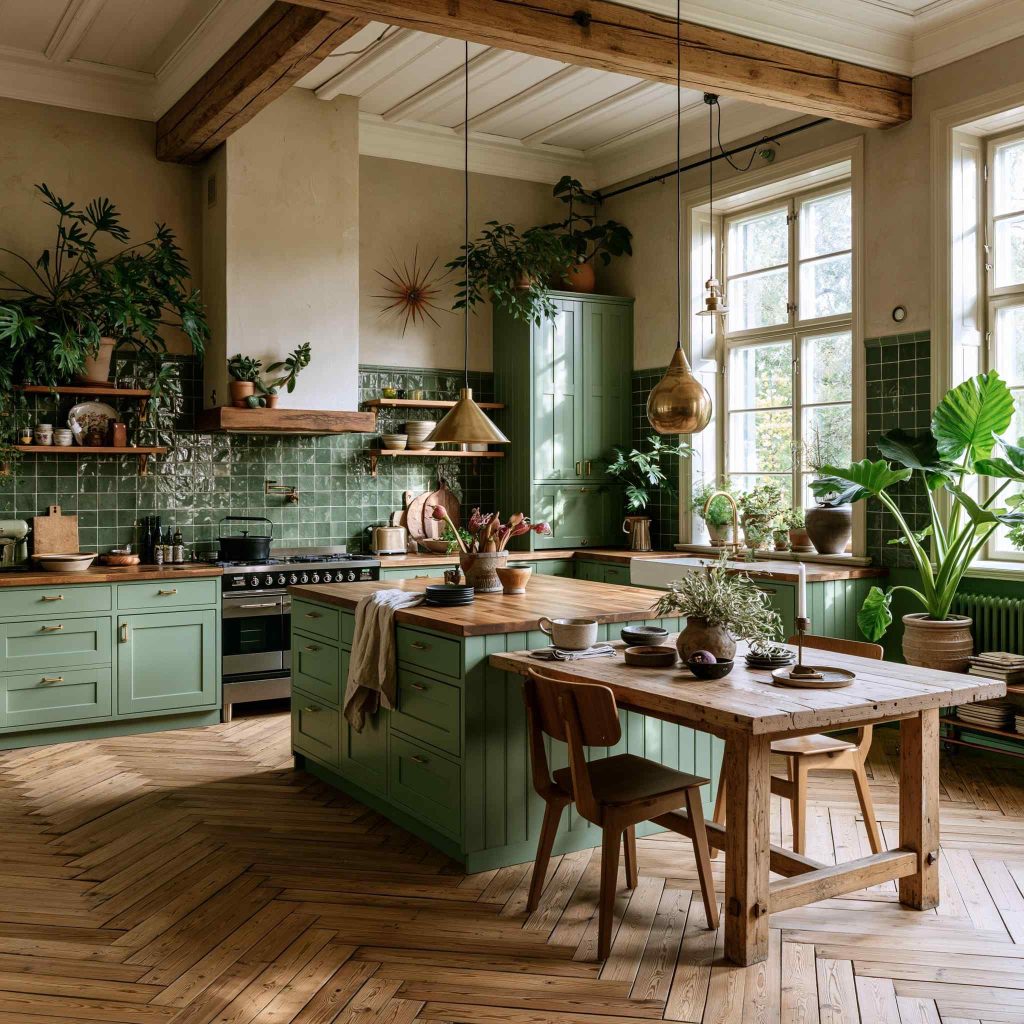  Sage green vintage kitchen with wood dining table