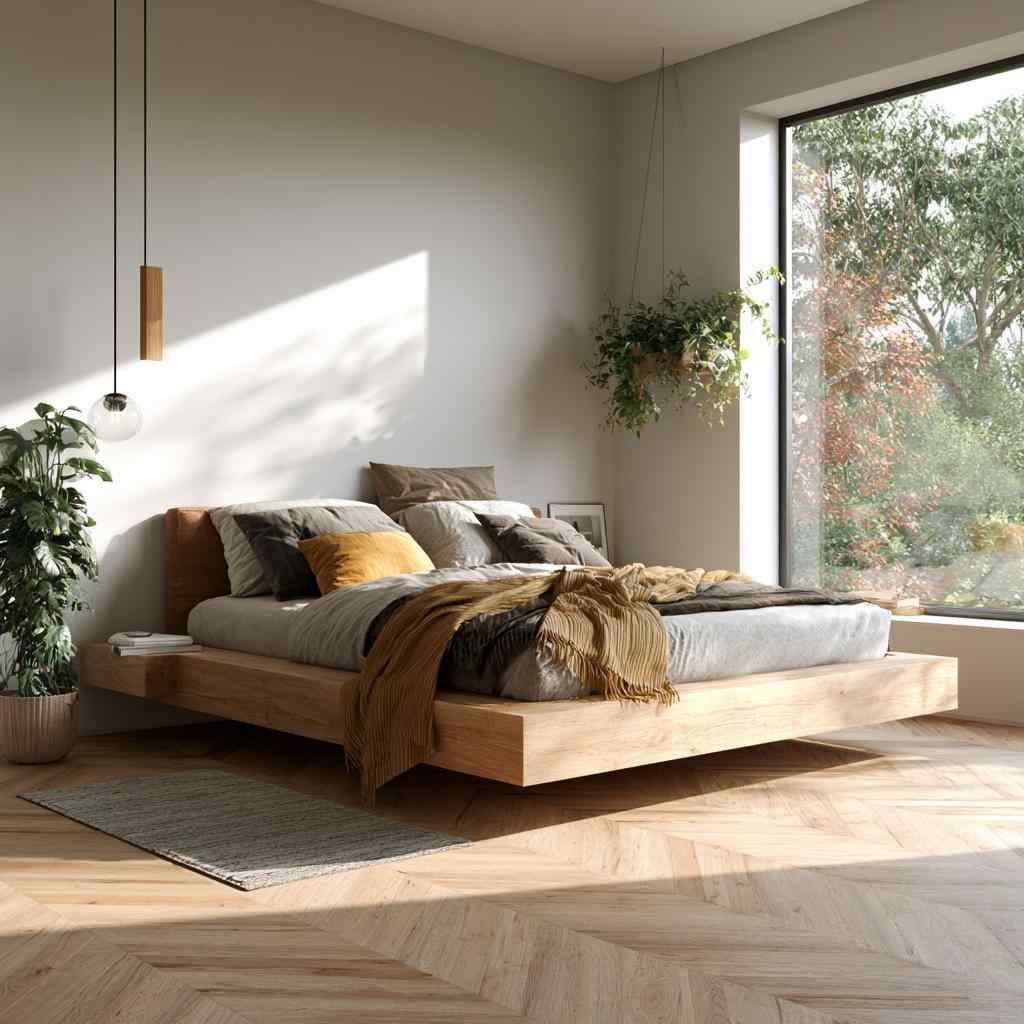 Scandinavian floating pallet bed light oak finish