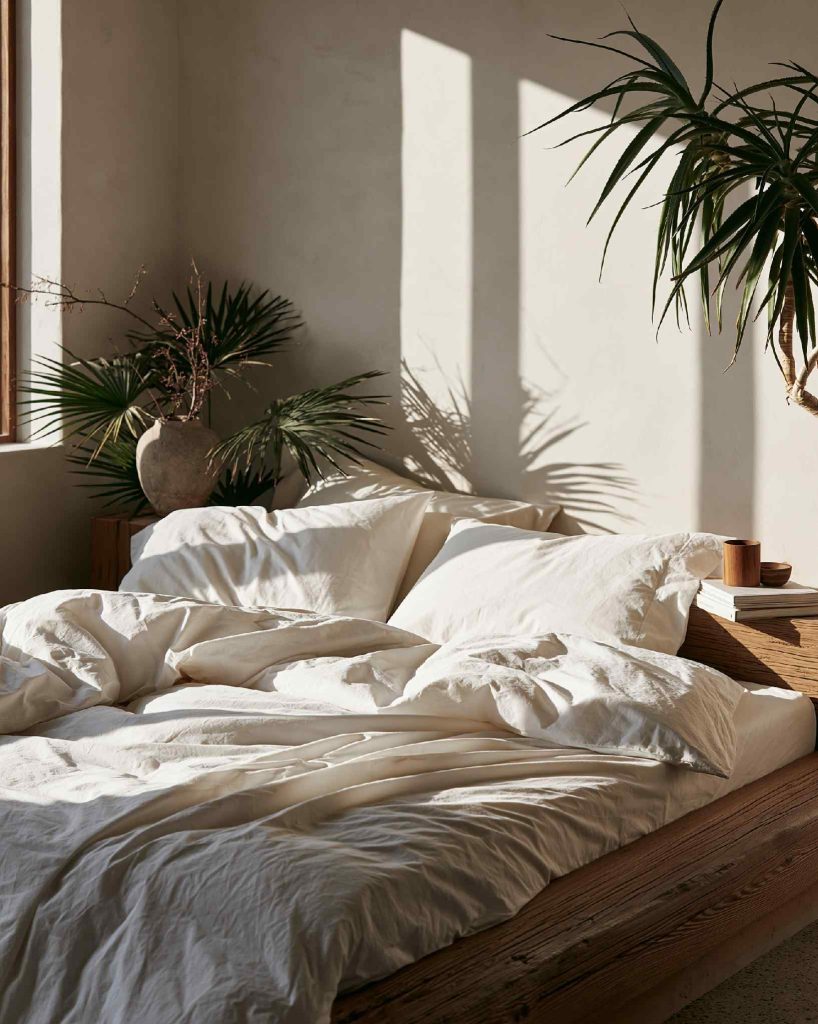 Neutral linen bedding in sunlit bedroom