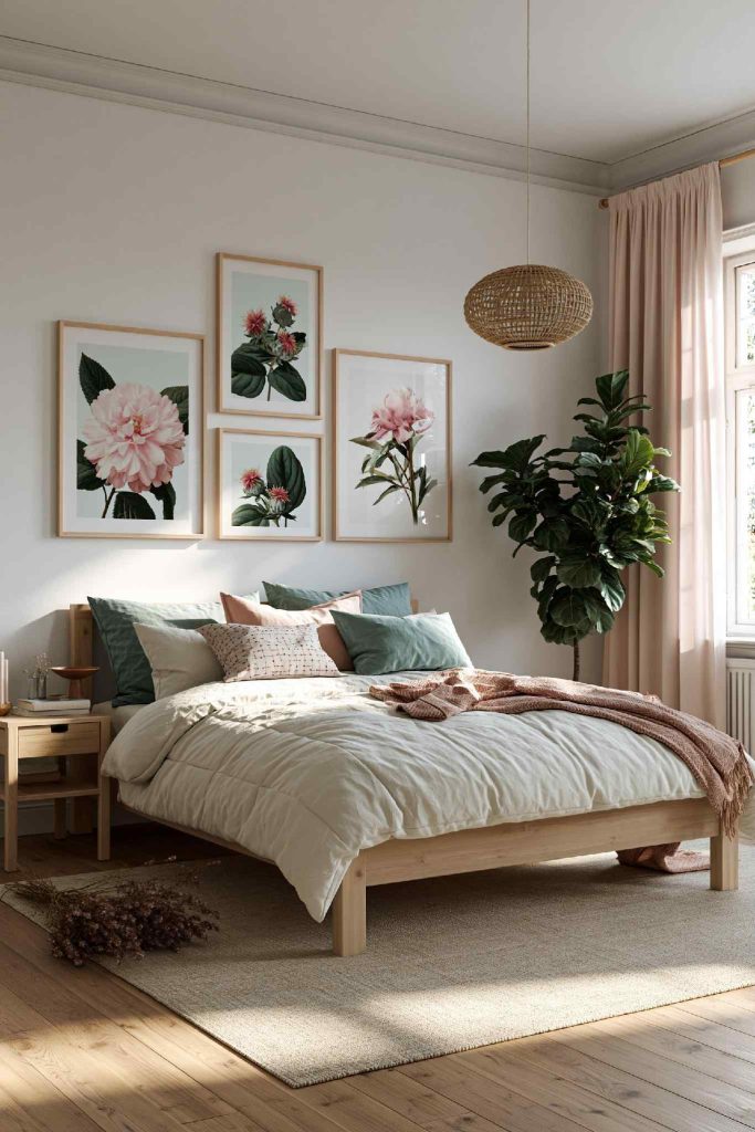 Neutral bedroom with sage green accents