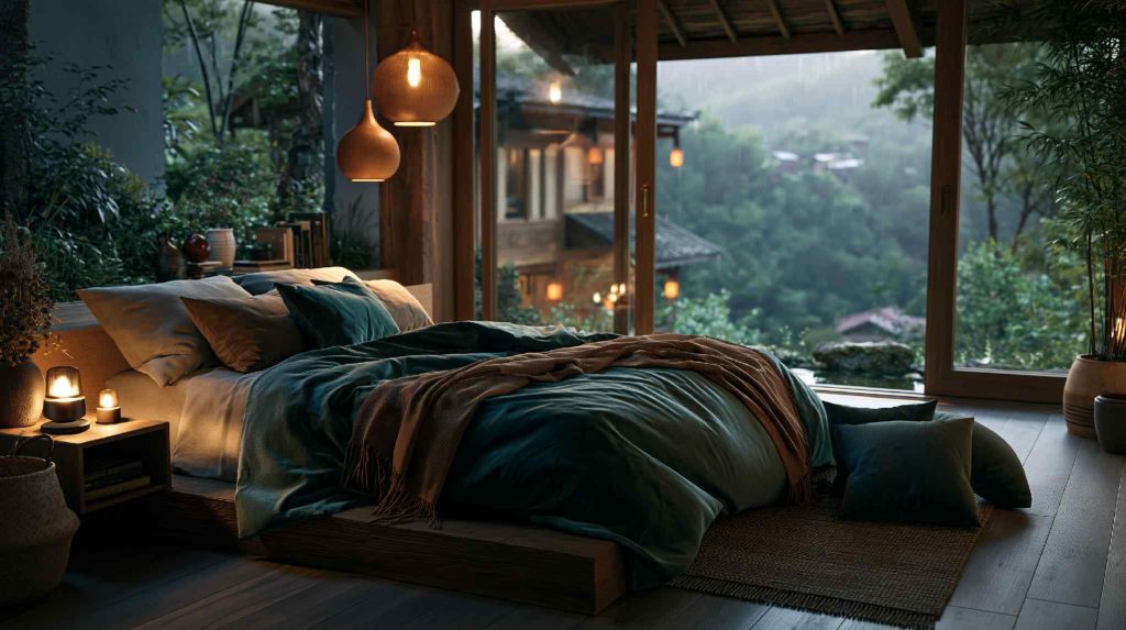 Cosy green bedroom with forest view