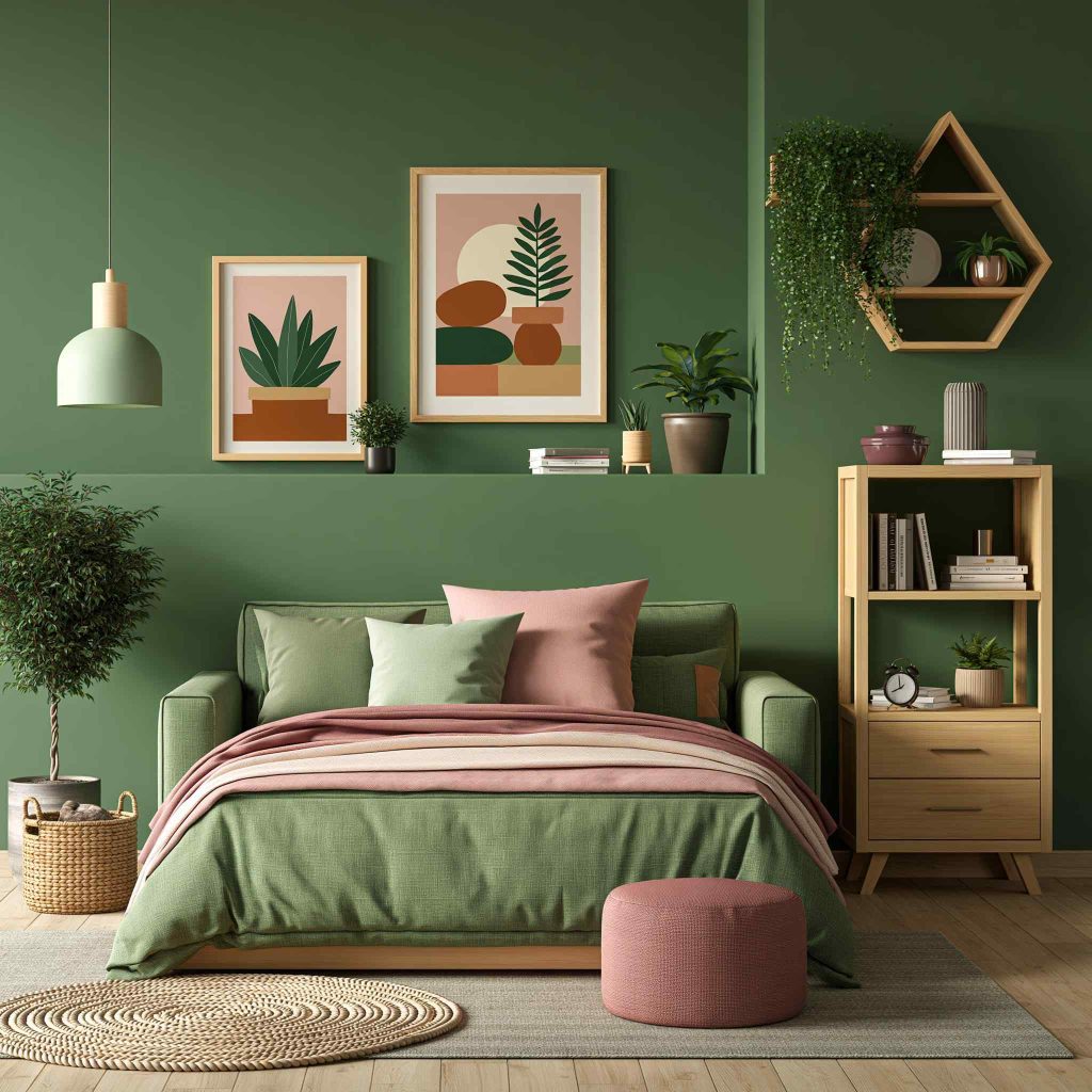  Olive green bedroom with pink accent decor