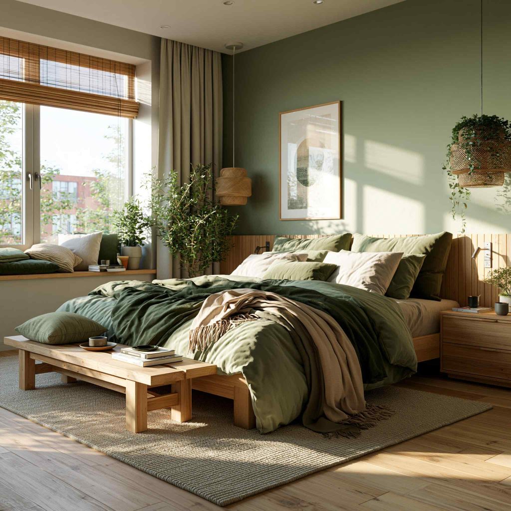 Olive green bedroom with wood furniture