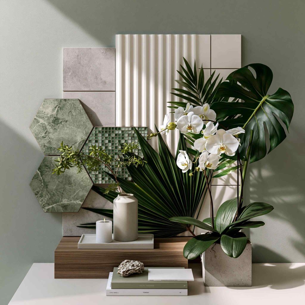 Olive green decor styling with tiles and plants