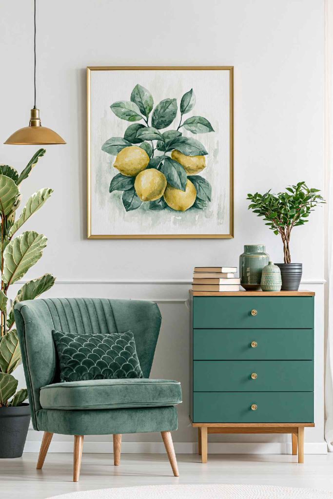 Olive green dresser and velvet chair decor