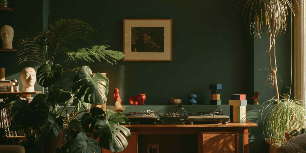 Olive green walls with plants and decor