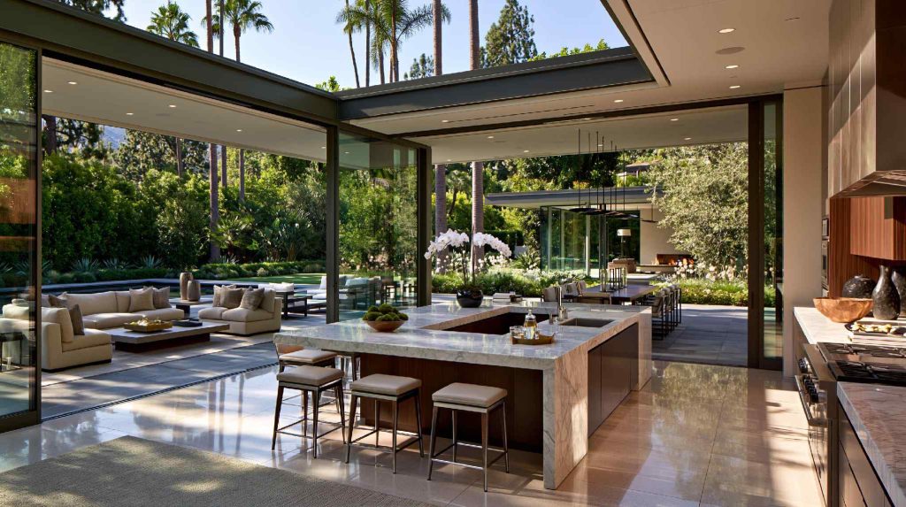  Open American kitchen island facing outdoor patio