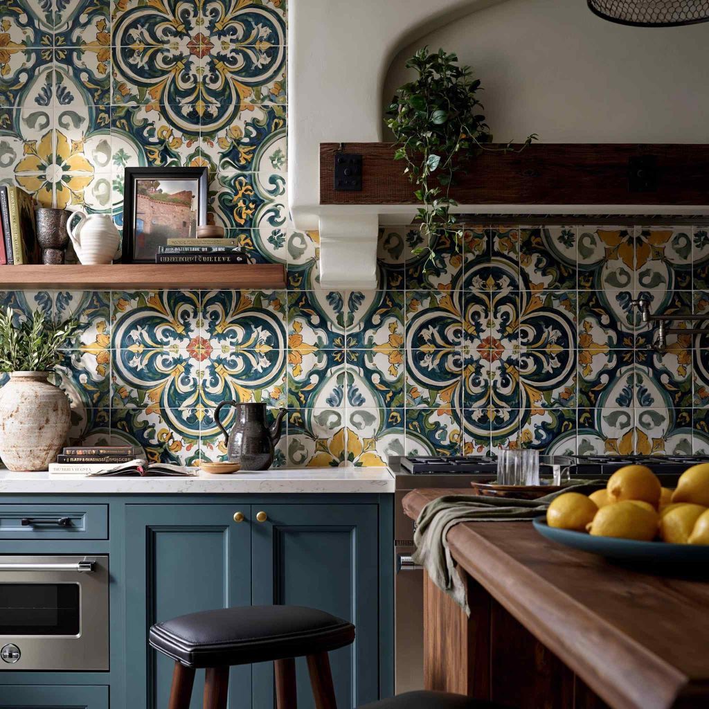 Ornate patterned full-wall kitchen dado tiles